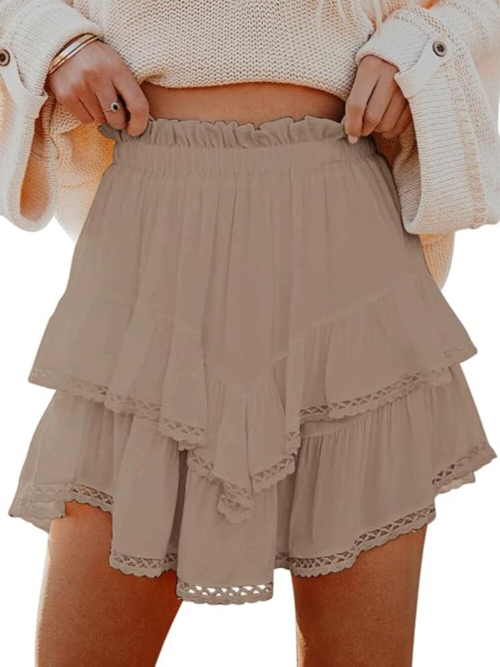 NWT Aoudery Ruffle Tiered Khaki High Waisted Mini Skort